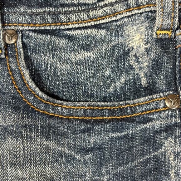 Vigoss Collection Denim Mini Skirt Dark Wash 3/4 27 Juniors Raw Hem Distressed - Picture 4 of 9